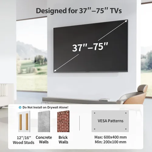Vista 2 de Pipishell - Soporte de pared para TV de movimiento completo para la mayoría de televisores de 37 a 75 pulgadas, soporte de pared con brazos