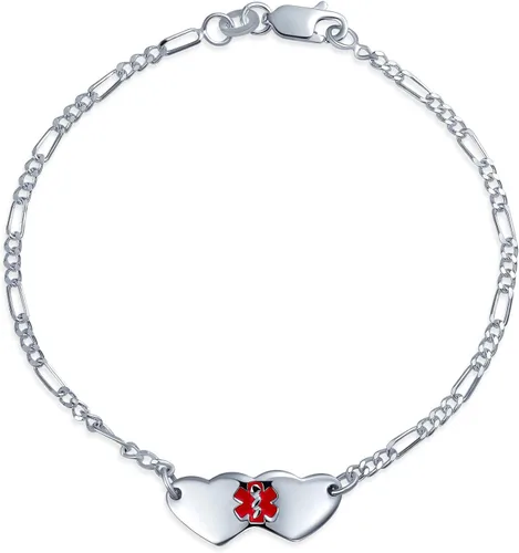 Vista 2 de Pulsera de identificación médica grabable con forma de corazón ovalada o doble en blanco, para adolescentes, para él o ella, hijo e hija, plata