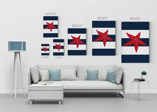 Vista 5 de Ilustración roja de estrellas de mar, fondo a rayas azul marino y blanco, decoración náutica, lienzo impreso en lienzo costero, decoración
