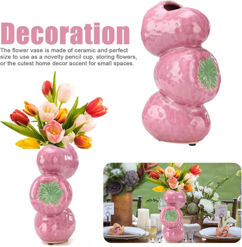 Vista 3 de Firlar Florero de cerámica con diseño de fresas para flores, decorativo, moderno, rosa, redondo, 4 x 3 x 8 pulgadas, boda, Navidad, regalo del día