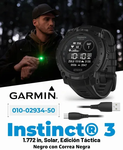 Vista 2 de Garmin Instinct 3 Edición Táctica, Pantalla de Carga Solar, 45mm, Reloj Inteligente GPS Resistente para Exteriores con Soporte de Balística