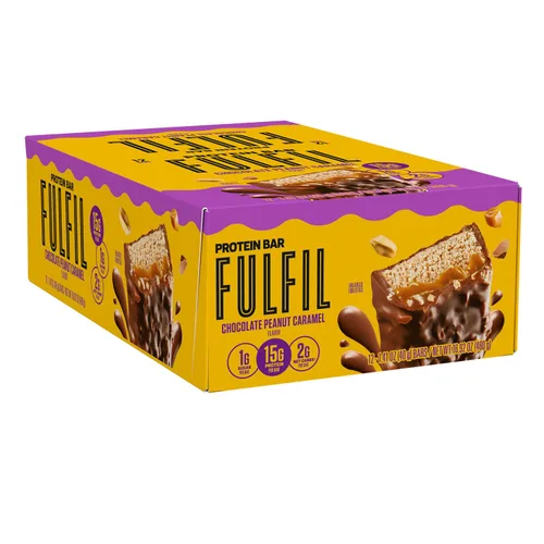 Vista 2 de Barras de snack de proteína FULFIL, sabor chocolate y caramelo con maní, sin gluten con 0.53 oz (15 g) de proteína, productos básicos de despensa