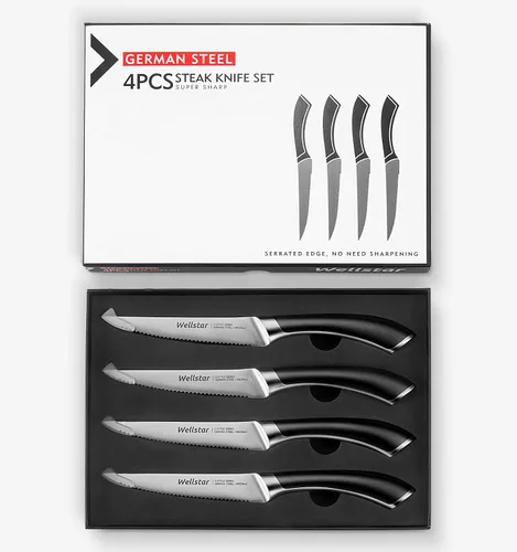 Vista 8 de WELLSTAR Juego de 4 cuchillos para carne, hoja dentada de acero inoxidable alemán resistente a la corrosión, mango ergonómico de espiga completa