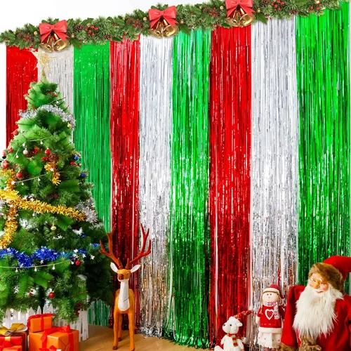 Vista 8 de Paquete de 2 cortinas navideñas con flecos de papel de aluminio para Verde Rojo Astilla