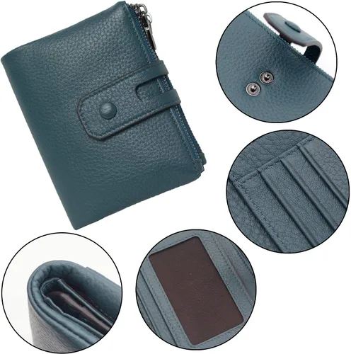 Vista 7 de Bveyzi Cartera pequeña de cuero suave para mujer, con bloqueo RFID, tarjetero con doble bolsillo con cremallera