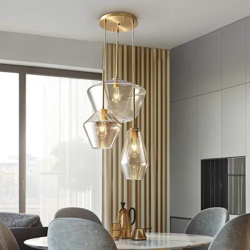 Vista 3 de Lámpara colgante de cristal con 3 cabezales, color dorado champán