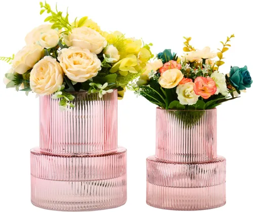 Vista 83 de Jarrones de vidrio acanalado, juego de 2 jarrones estriados para flores, florero de vidrio ámbar para tulipanes, jarrón moderno para sala de estar