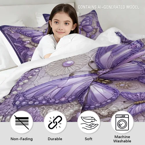 Vista 7 de Juego de edredón de mariposa tamaño individual, juego de ropa de cama estética morado, edredón de microfibra de mariposa lavanda con 2 fundas