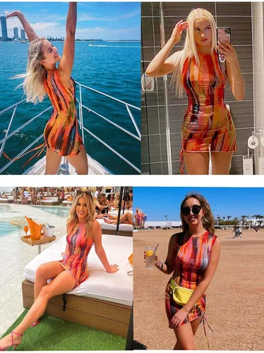 Vista 6 de ABMOIU Mini vestido sexy de malla con estampado para mujer, transparente, sin mangas, elástico, ajustado, corto, vestido de verano