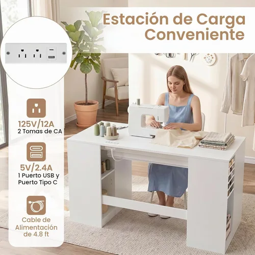 Vista 3 de COSTWAY Sewing Machine Table with Power Outlets, Massive Storage (White)