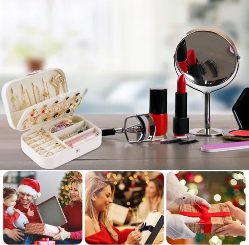 Vista 7 de Joyero de viaje, organizador de joyas pequeño de piel sintética para mujeres y niñas, mini estuche de viaje portátil de doble capa, cajas