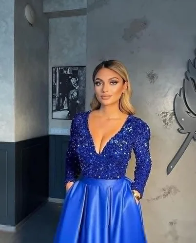 Vista 5 de Miao Duo YZTS055 - Vestido de fiesta de graduación con lentejuelas brillantes para mujer, con bolsillos, manga larga, de satén, formal