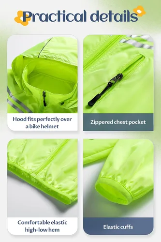 Vista 6 de CREATMO US Chaqueta de ciclismo reflectante para niños y niñas, rompevientos con capucha extraíble