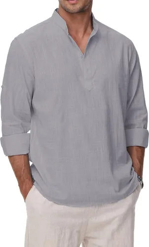 Vista 11 de Camisas de Algodón y Lino para Hombres Ligeras Casuales de Manga Larga Henley Playa Hawaianas Tops