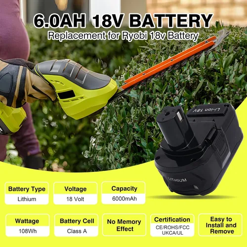 Vista 2 de Batería de repuesto de 6.0Ah 18V para Ryobi 18 V, iones de litio, compatible con Ryobi 18 Voltios ONE+ Plus Herramientas eléctricas inalámbricas
