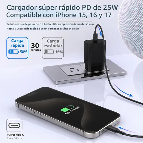 Vista 5 de Galaxy S25 S24 - Bloque de carga USB C de 25 W PD cargador súper rápido con cable tipo C, adaptador de enchufe de pared de 6 pies, carga rápida
