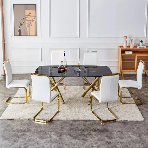 Vista 2 de HomVent Juegos de mesa de comedor modernos de mármol para 6, mesa de cocina de mármol con mesa rectangular de mármol y 6 sillas de piel sintética, 7