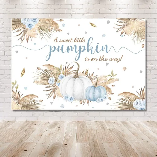 Vista 6 de MEHOFOND Telón de fondo bohemio de calabaza pequeña de 7 x 5 pies para niño, baby shower, hojas de otoño, hierba de pampas, hierba de Acción