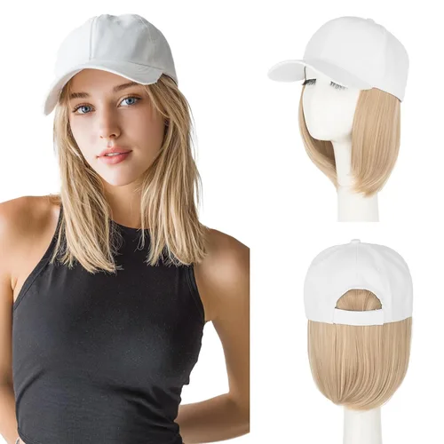 Vista 23 de S-noilite Peluca de gorra de béisbol de 6 pulgadas con peinado Bob y extensiones de cabello, gorra de béisbol recta ajustable para mujer