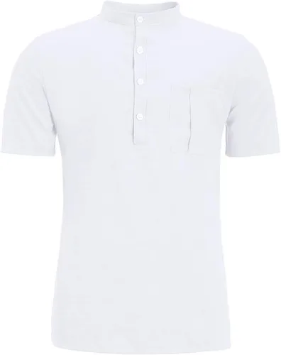 Vista 2 de Camisas de lino para hombre, de manga corta, con botones, estilo Henley, ligeras, sin cuello, hippie, playa, ropa