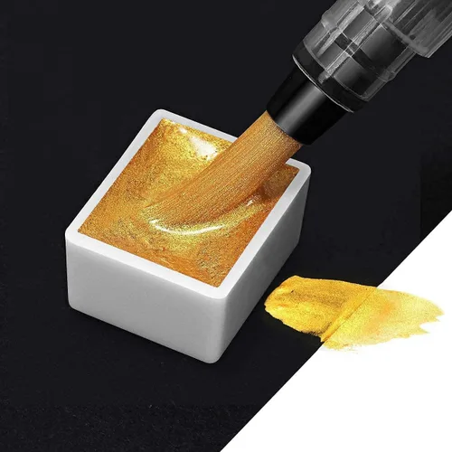 Vista 2 de Emooqi Juego de pinturas de acuarela, pintura sólida de acuarela con purpurina metálica, incluye 12 colores metálicos con purpurina, 2 pinceles