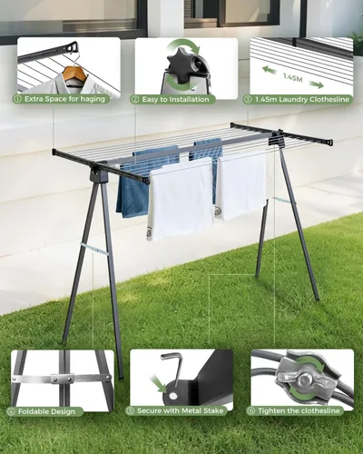Vista 7 de JS HANGER Tendedero plegable para exteriores, de acero inoxidable resistente, secadora de ropa portátil plegable de 46 pies