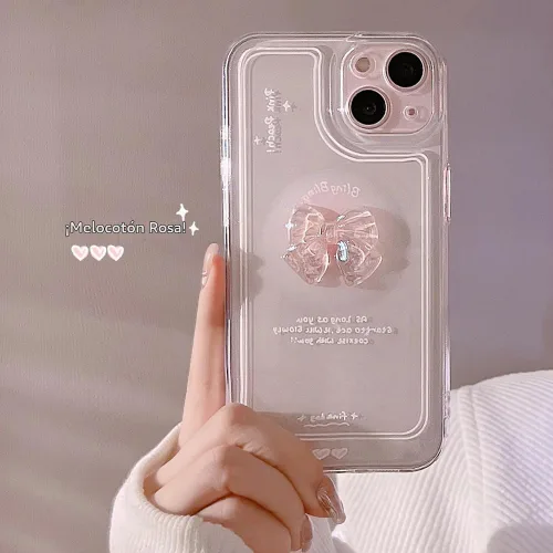 Vista 2 de Ownest - Funda compatible para iPhone 12, diseño bonito de lazo de arco 3D en rosa, delgada, transparente, diseño estético, para mujeres y lazo rosa