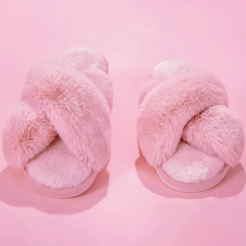 Vista 2 de Metog Women's Fuzzy Slippers House Slippers Cross Band Slippers Indoor Outdoor Soft Open Toe Slippers