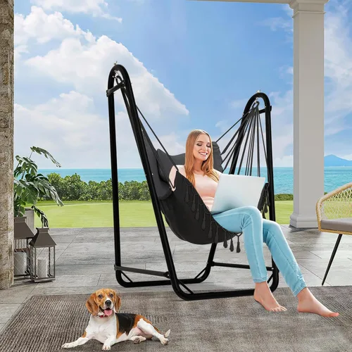 Vista 2 de Silla hamaca única en forma de U con soporte, resistente y resistente al óxido, silla hamaca de algodón gris gratis