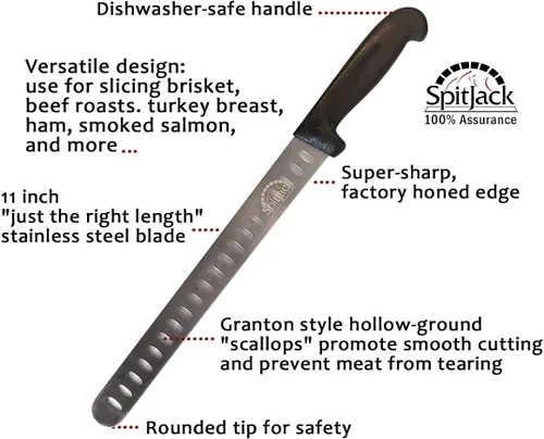 Vista 3 de SPITJACK Cuchillo de pechuga ahumada para barbacoa para tallar y rebanar carne - SS, borde Granton, hoja de 11 pulgadas