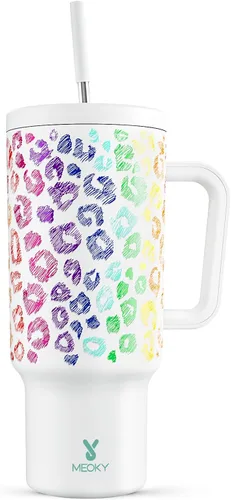 Vista 46 de Meoky - Vaso de 30 oz con asa, tapa y pajilla, taza de viaje térmica de acero inoxidable 100% a prueba de fugas, para portavasos, mantiene el frío
