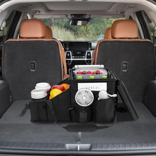 Vista 7 de Organizador de Coche para Asiento Delantero y Almacenamiento, Caddy de Coche Plegable, Organizador de Asiento de Pasajero con Particiones