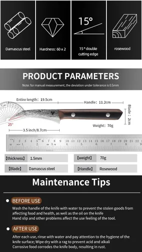 Vista 8 de Cuchillo Mondador de 3.5 pulgadas de Acero Damasco - Cuchillo de Chef para Pelar Forjado de 67 Capas para Frutas/Verduras con Mango de Madera Maciza