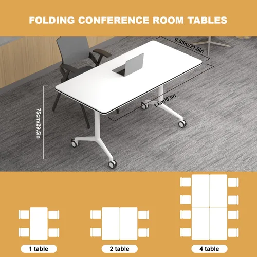 Vista 2 de Mesa de conferencias con tapa abatible, mesa modular plegable para sala de conferencias con ruedas, mesa de sala de reuniones con ruedas, moderna