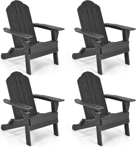 Vista 14 de Giantex Adirondack - Silla plegable para exteriores, silla de patio resistente a la intemperie de HDPE con soporte integrado para tazas, silla