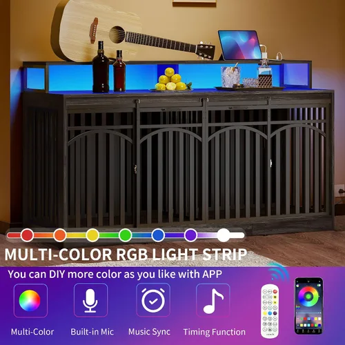 Vista 6 de DWVO 71" Double Dog Crate Furniture with LED Light & Power Outlets Soporte de TV doble resistente para perros con estantes y puertas correderas