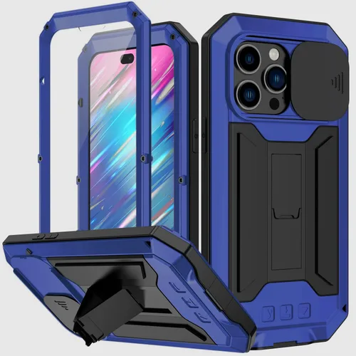 Vista 17 de Simicoo Funda compatible con iPhone 14 con protector de cámara de pantalla con función atril, resistente al agua, de metal militar, resistente