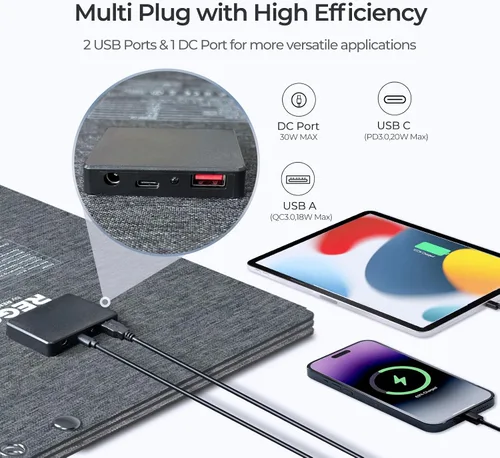 Vista 4 de Renogy Paneles solares, cargador de panel solar plegable portátil de 30 W, carga rápida para iPhone, iPad, tabletas, laptop, banco de energía