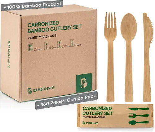 Vista 11 de Utensilios 100% de bambú – Cubiertos desechables carbonizados biodegradables y desinfectados – resistentes y totalmente funcionales