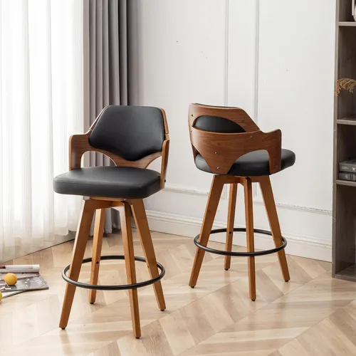 Vista 16 de MEKLIBA Juego de 2 taburetes de bar giratorios de altura de mostrador, silla de bar tapizada con patas de bambú, taburetes de mostrador con respaldo