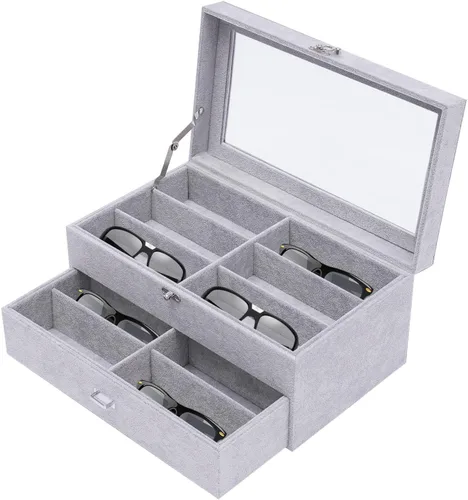 Vista 6 de Organizador de lentes de sol de 12 ranuras con parte superior de vidrio transparente para mujeres y hombres, elegante vitrina de gafas