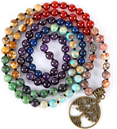 Vista 11 de Bivei 7 Chakra 108 Mala Beads Bracelet Real Gemstone Yoga Meditation Hand Knotted Mala Prayer Bead Necklace