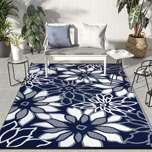 Vista 37 de GENIMO - Alfombra para exteriores de 6 x 9 pies, para patio, espacios amplios, reversible, de pajillas de plástico, alfombra impermeable para Azul