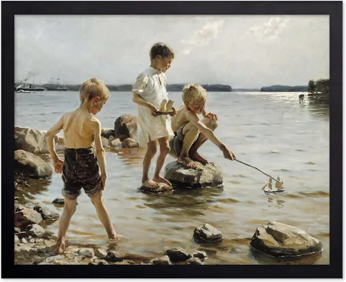 Vista 39 de Monem Art - Póster de pintura vintage para niños jugando en la orilla, impresión retro para niños, arte de playa, arte de velero, arte costero