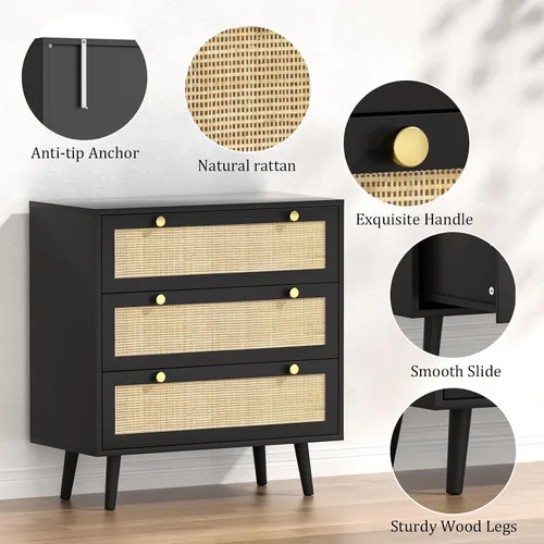 Vista 4 de Anmytek Juego de 2 cómodas negras con 3 cajones para dormitorio, cómoda moderna de madera con 3 cajones, cómoda negra con amplio almacenamiento