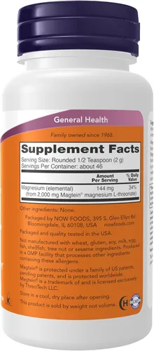 Vista 2 de Now Supplements, Magtein® con forma patentada de magnesio (Mg), soporte cognitivo*, polvo, 3.2 oz