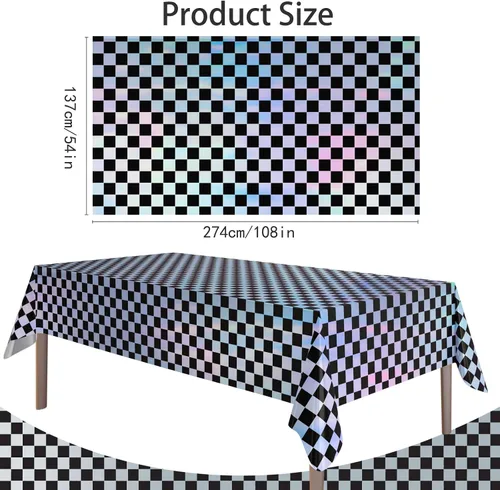 Vista 2 de Paquete de 4 manteles de plástico a cuadros desechables, manteles de papel de aluminio brillante para mesas rectangulares, decoraciones de fiesta