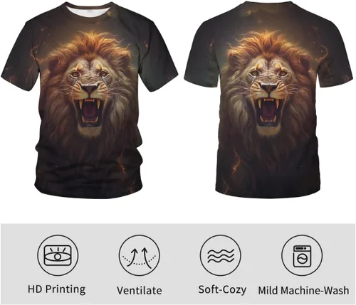 Vista 4 de Srcnhim Camiseta casual de manga corta con estampado 3D de león animal para hombre