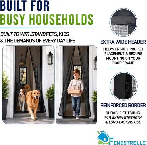 Vista 7 de Puerta magnética de malla de fibra de vidrio resistente de Fenestrelle, con cierre magnético autoajustable, manos libres, con moldura negra – Se