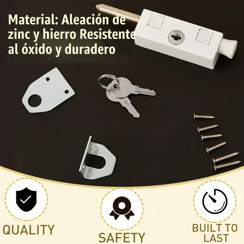 Vista 3 de Dunzy Cerradura de puerta corrediza para puerta de patio rectangular con llave para barra de seguridad con bisagras de vidrio, perno de acero